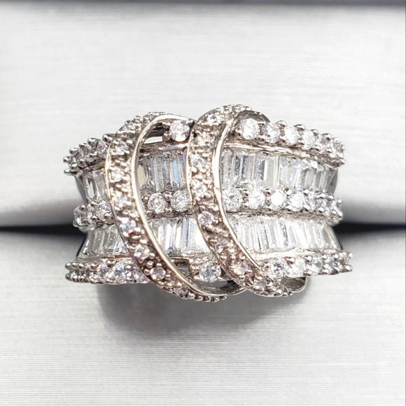 White Round & Baguette Diamond Simulants 925 Sterling Silver Double Swirl Ring - Picture 1 of 8